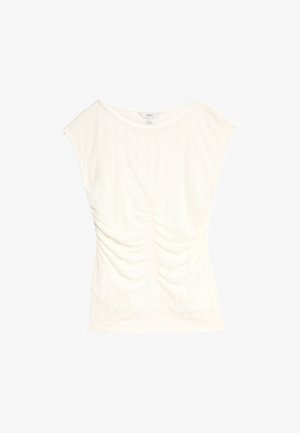 White short-sleeve top with a scoop neckline, textured fabric, and gathered detailing on the front for a fitted silhouette.