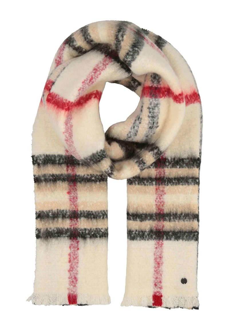 Uldhalstørklæde i creme, prydet med et ternet mønster med røde og sorte striber. Tekstureret overflade med frynset kanter og en lille logo-detalje.