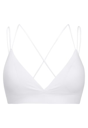 Bralette blanche avec un décolleté en V profond et des bretelles fines réglables, présentant des bretelles croisées à l'arrière et une texture lisse et douce.
