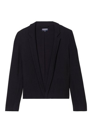 Blazer negro acanalado con solapa notch, abertura frontal y dos bolsillos delanteros. Mangas cortas y un tejido texturizado.