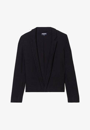 Schwarze, gerippte Blazerjacke mit Reverskragen, offenem Frontbereich und zwei aufgesetzten Taschen. Kurze Ärmel und ein strukturierter Stoff.