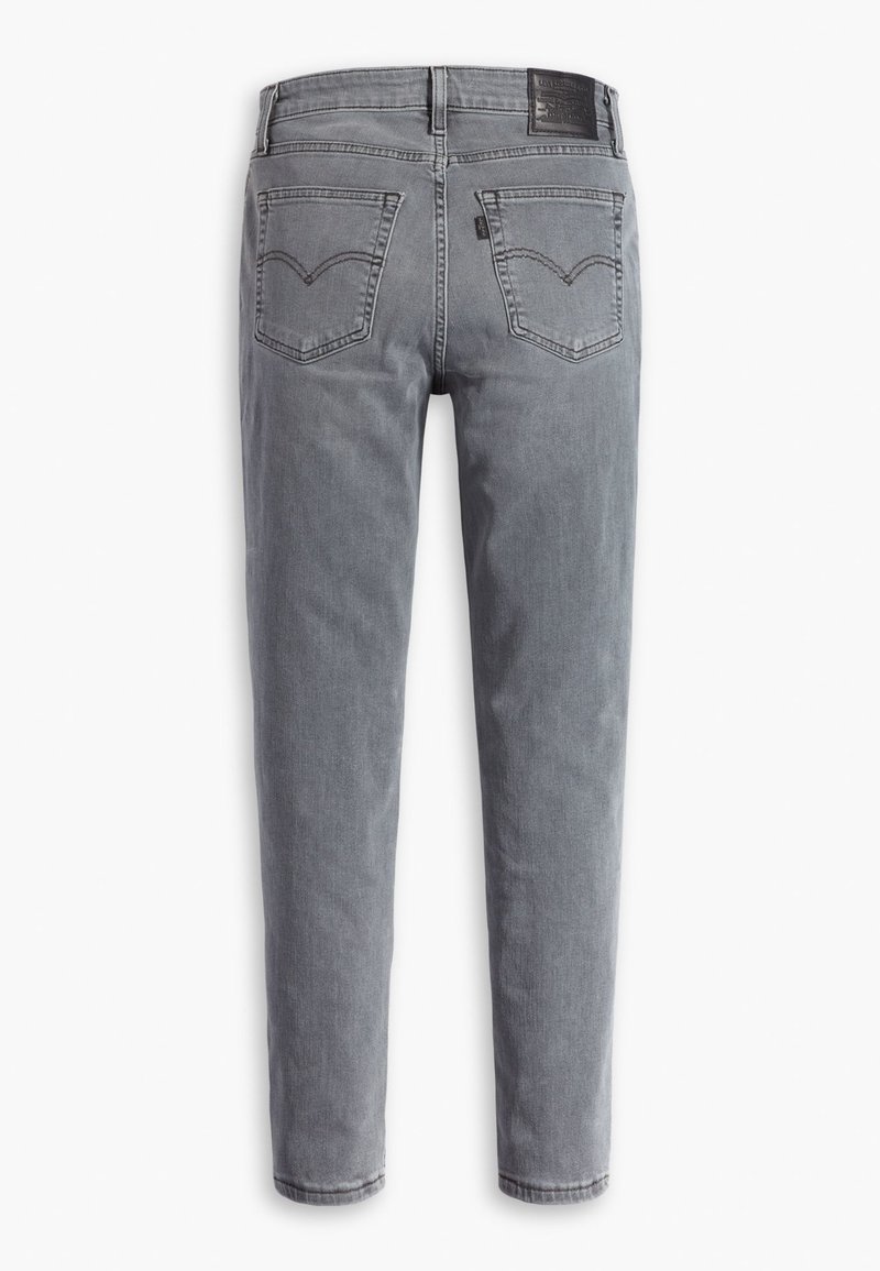 Graue Denim-Jeans mit geradem Schnitt. Verfügt über zwei Gesäßtaschen, ein geprägtes schwarzes Lederlogo am Bund und minimale Nähdetails.