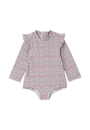 Long-sleeve baby bodysuit with pink and green floral pattern, ruffled shoulders, and snap closures at the crotch.