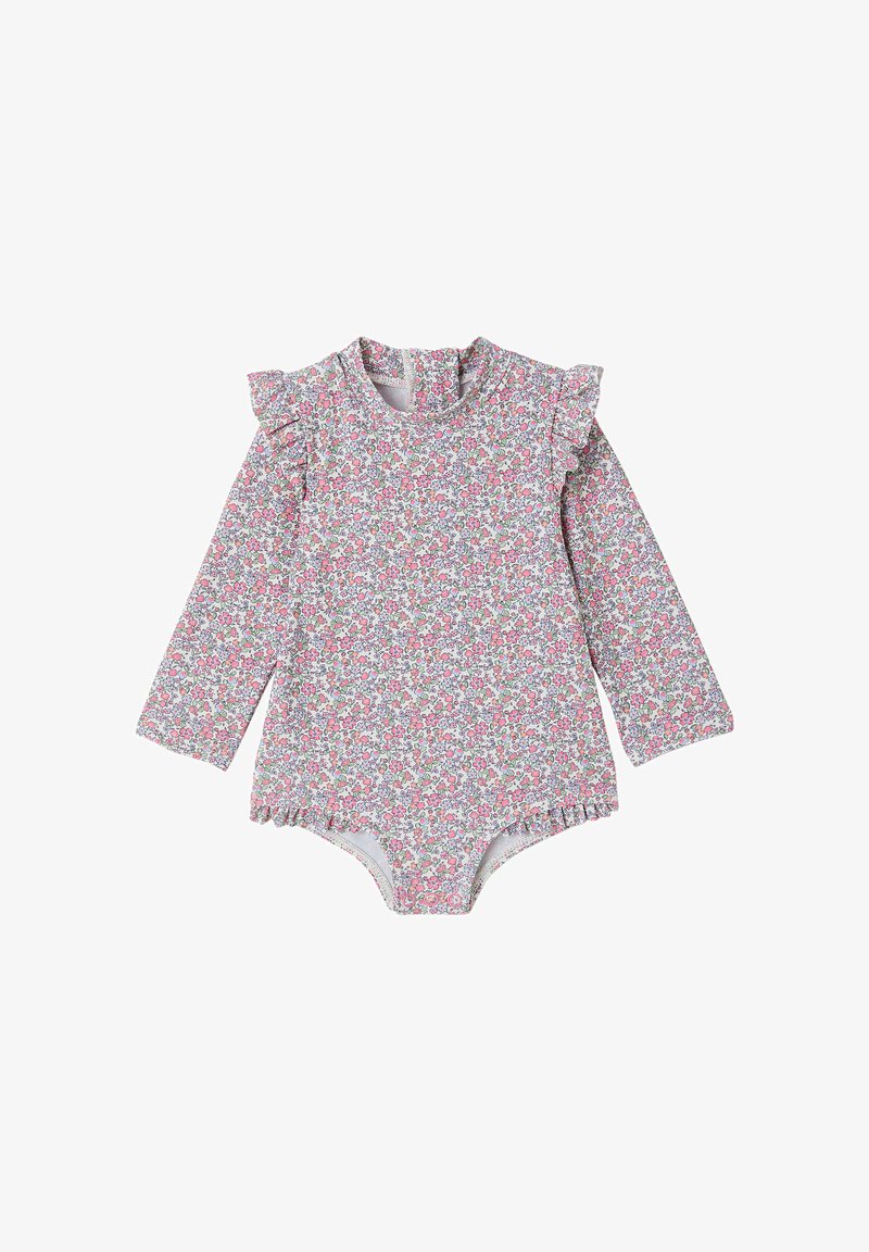 Long-sleeve baby bodysuit with pink and green floral pattern, ruffled shoulders, and snap closures at the crotch.