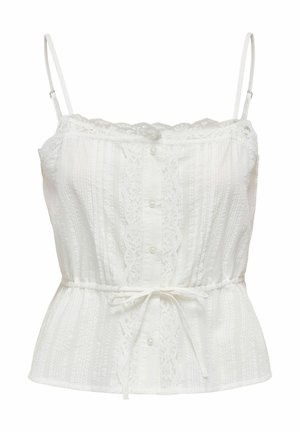 Biela blúzka bez rukávov s tenkými ramienkami, čipkovým lemom, prednými gombíkmi, textúrovanými zvislými pruhmi a zaviazanou stuhou v páse.