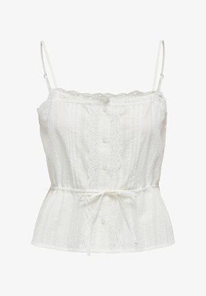 Biela blúzka bez rukávov s tenkými ramienkami, čipkovým lemom, prednými gombíkmi, textúrovanými zvislými pruhmi a zaviazanou stuhou v páse.