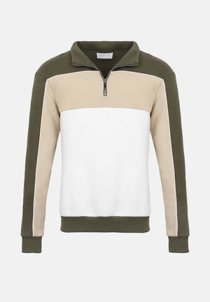 Meeste pika varrukaga pullover neljandiku lukuga, värviplokkidega oliivrohelises, beežis ja valges, soonikkoes mansettide ja äärega.