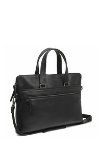 Borsa per laptop in pelle nera con doppio manico superiore, tracolla removibile e tasca anteriore con zip. Texture liscia e design minimalista.
