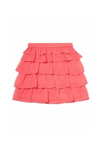 Korallfärgad volangkjol med elastisk midja, som har flera tygskikt för volym och en mjuk, lätt textur.