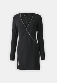Vestido preto com mangas longas, decote em V e detalhes de fecho diagonal. Feito de um tecido suave com uma silhueta ajustada.