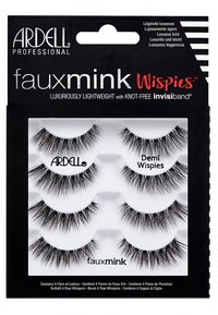 Faux mink eyelashes in a black packaging with four pairs. Features a wisped design, varying lengths, and a knot-free invisiband.