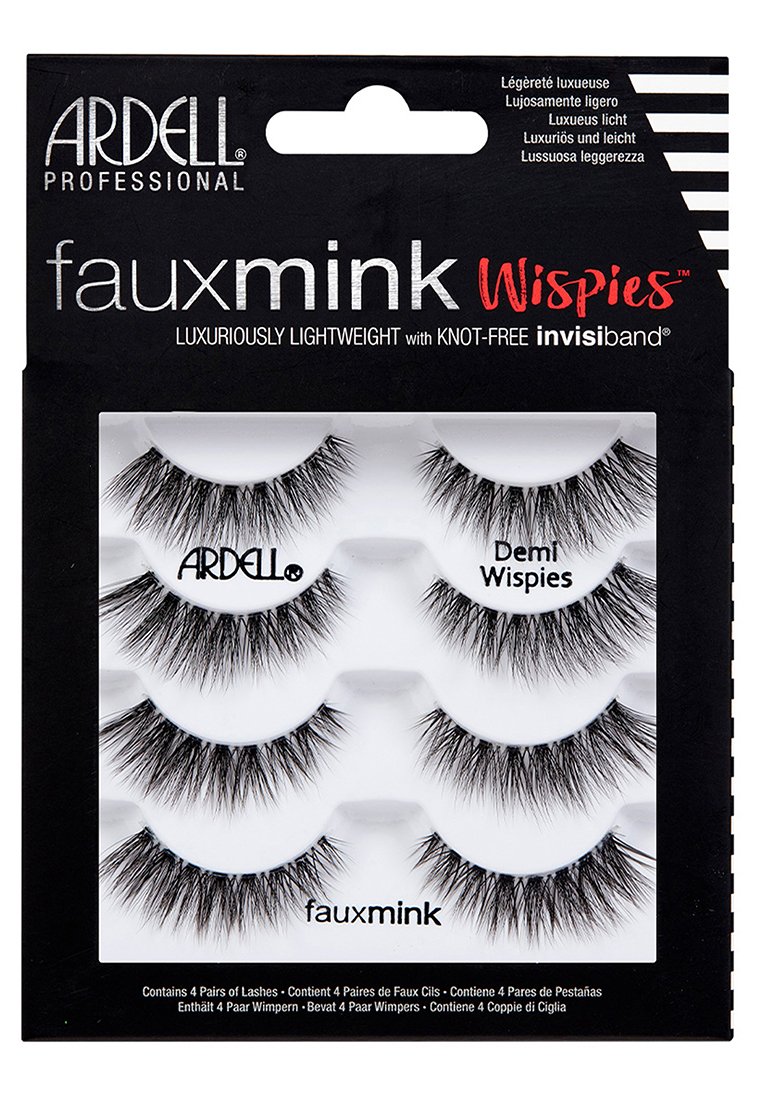 Faux mink eyelashes in a black packaging with four pairs. Features a wisped design, varying lengths, and a knot-free invisiband.