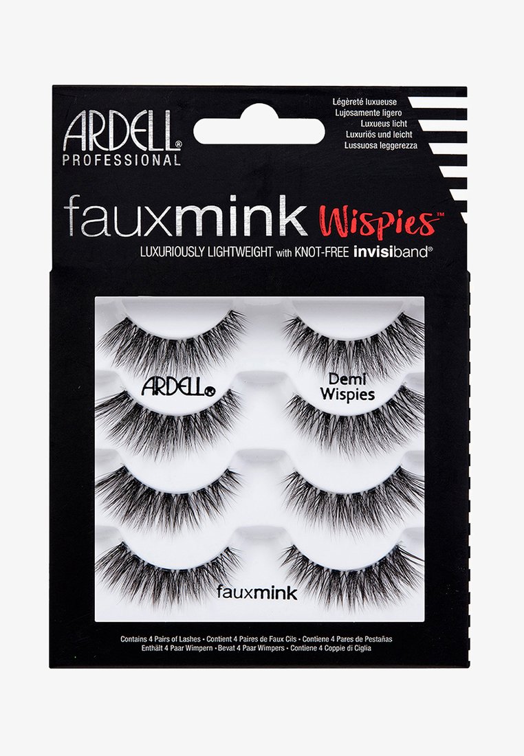 Faux mink eyelashes in a black packaging with four pairs. Features a wisped design, varying lengths, and a knot-free invisiband.