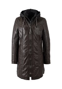 Veste en cuir marron avec une capuche noire amovible, fermeture éclair à l'avant, deux poches latérales et des panneaux texturés le long des épaules et des manches.