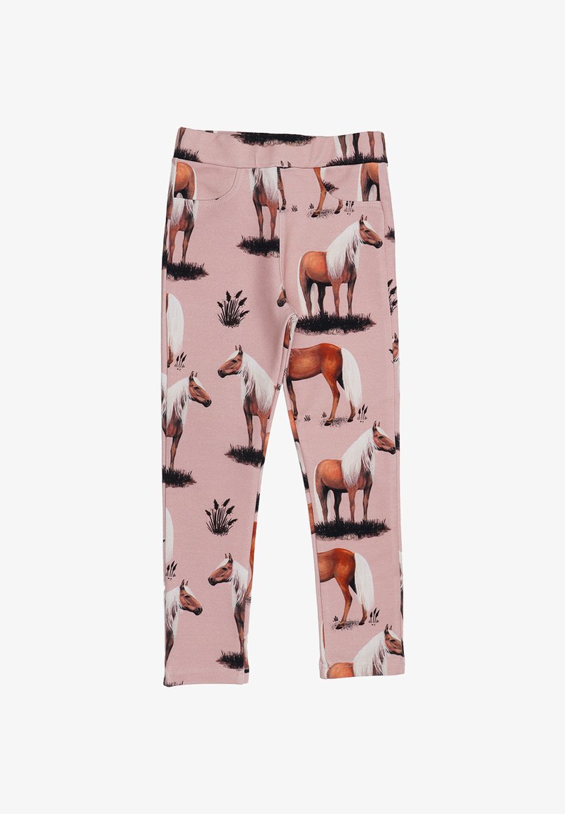 Pink leggings featuring a repeated horse print in various colors and poses, with grass accents and a soft, stretchy fabric texture.