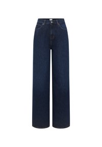 Weite Jeans aus robustem, dunklem Denim mit hoher Taille, fünf Taschen und Kontrastnähten.