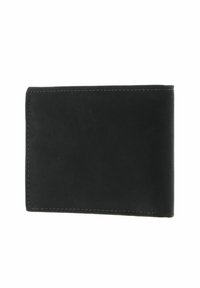 Portefeuille bifold en cuir noir avec des coutures visibles sur les bords, fermé, isolé sur un fond blanc.