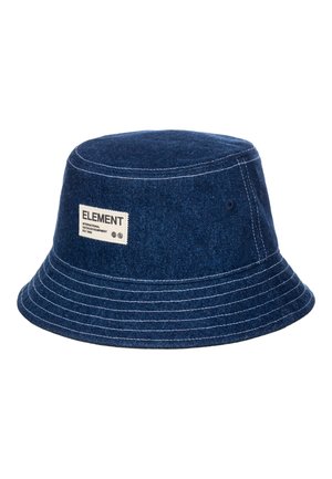 Blue denim bucket hat with a wide, stitched brim, featuring a side tag labeled "ELEMENT." The material is textured and casual in appearance.