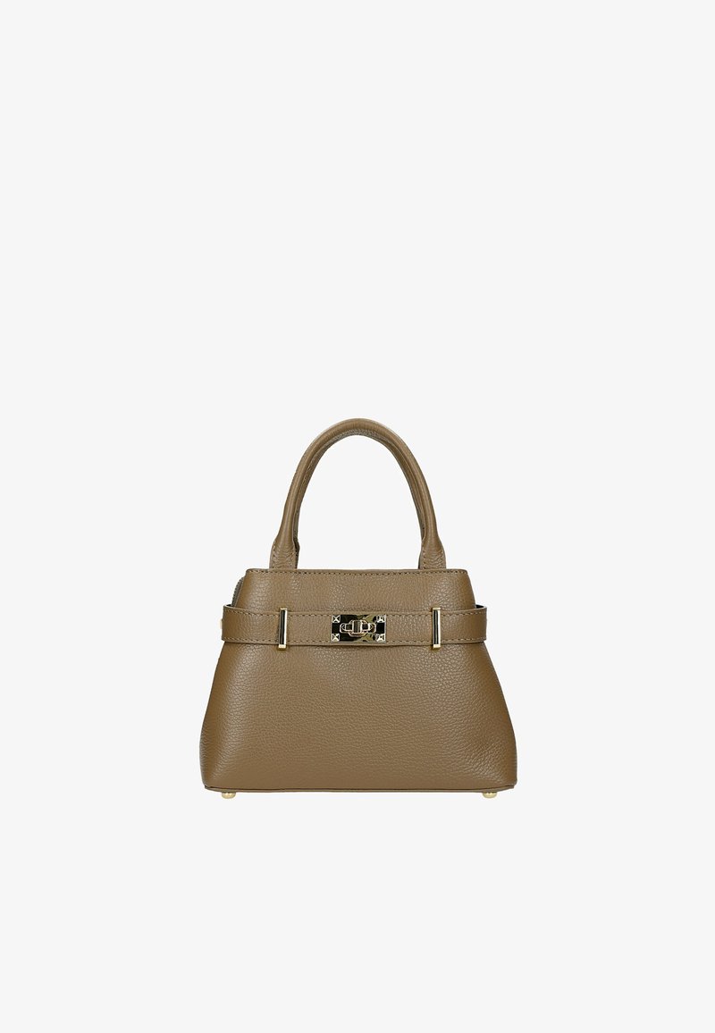Petit sac à main en cuir marron avec une poignée supérieure, des ferrures dorées et un détail boucle à l’avant.