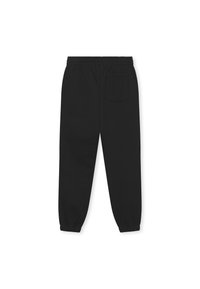 Zwarte trainingsbroek met elastische tailleband, taps toelopende enkels en een enkele opgestikte zak aan de rechterkant. Gemaakt van zachte, geweven stof.