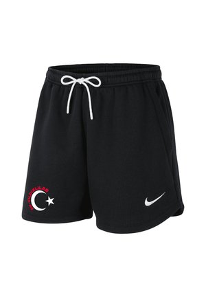 Czarne sportowe szorty z białym sznurkiem, tureckim symbolem półksiężyca i gwiazdy, czerwonym zakrzywionym napisem oraz białym logo Nike z przodu.