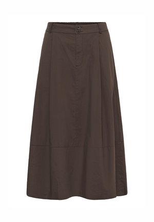 Tummanruskea, polven pituinen A-linjainen hame, jossa on vyölenkit, kaksi edessä olevaa nappia ja saumahelma, valmistettu sileästä kankaasta.