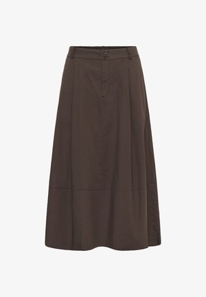 Jupe trapèze brun foncé, longueur genou, avec passants pour ceinture, deux boutons à l'avant et un détail de couture près de l'ourlet, en tissu lisse.