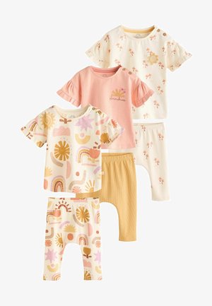 Set of three short-sleeve tops with ruffled sleeves and two pairs of pants. Colors include soft pink, cream, and yellow; features playful patterns.