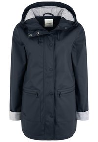Veste imperméable marine avec capuche, dotée d'une doublure intérieure rayée, de boutons-pression et de deux poches avant zippées. Poignets rayés.