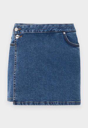 Denim skirt in dark blue with a fitted design. Features dual front buttons, side pockets, and visible stitching at the hemline.