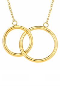 Gouden ketting met twee in elkaar grijpende ronde hangers. De ringen zijn glad met een gepolijste afwerking en zijn verbonden door een delicate ketting.