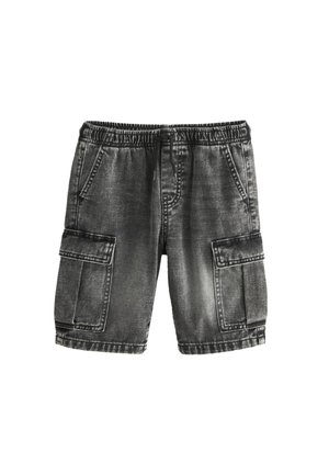 Čierne prané denimové cargo šortky s elastickým pásom, šnúrkou, prednými vreckami a s klopovými bočnými vreckami.
