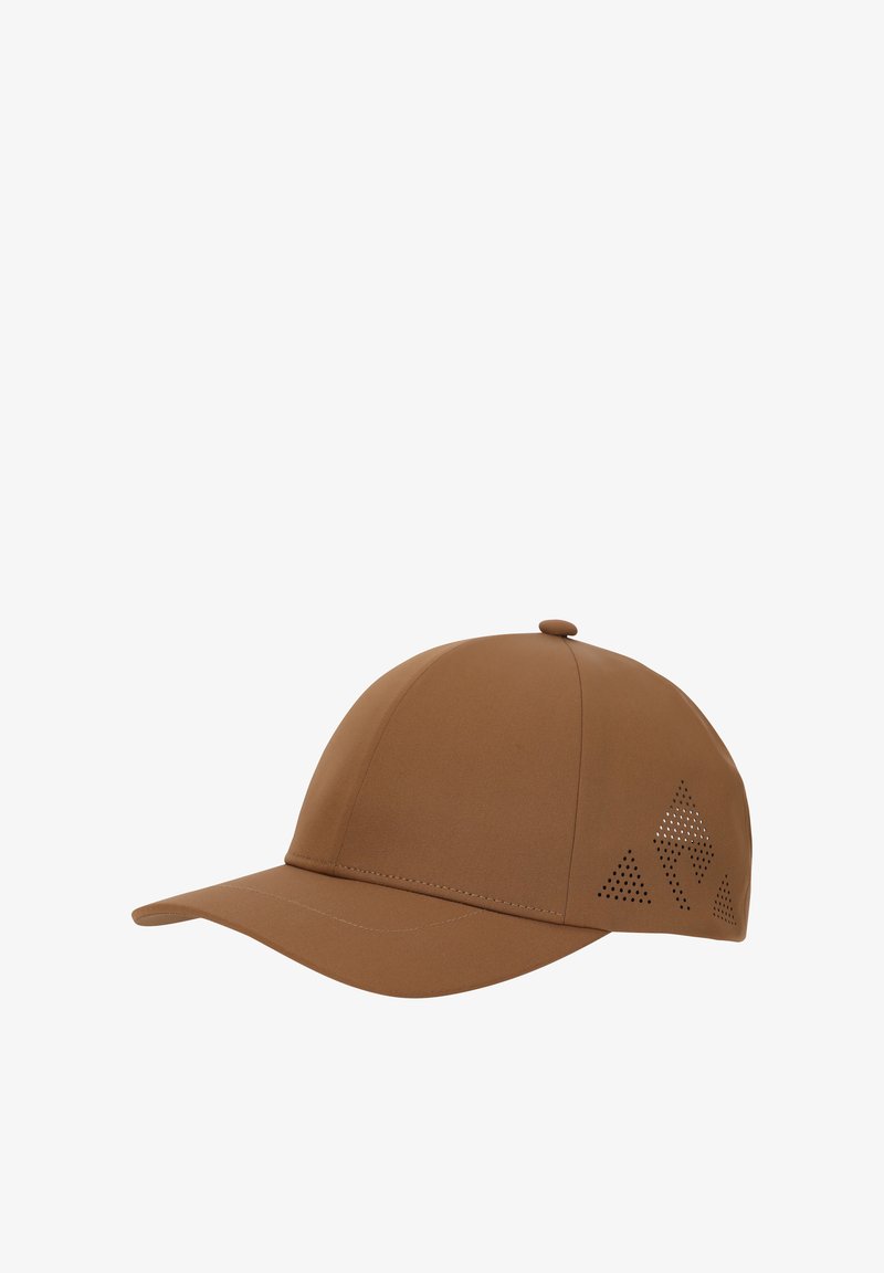 Brauner Hut aus weichem Material, mit einem gebogenen Schild und perforierten geometrischen Mustern an der Seite zur Belüftung.