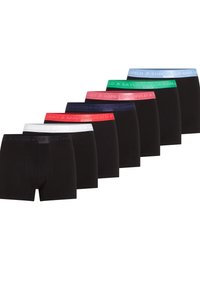 Set de boxeurs noirs, avec des ceintures élastiques colorées étiquetées avec les jours de la semaine. Tissu doux, coupe ajustée, design minimaliste.