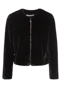 Black faux fur cropped jacket with a round neckline and silver zipper. Features long sleeves and a soft, plush texture.