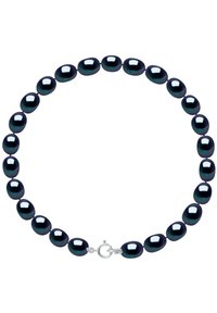 Des perles ovales noires avec une finition brillante, enfilées ensemble avec un fermoir en argent, forment un collier simple mais élégant.