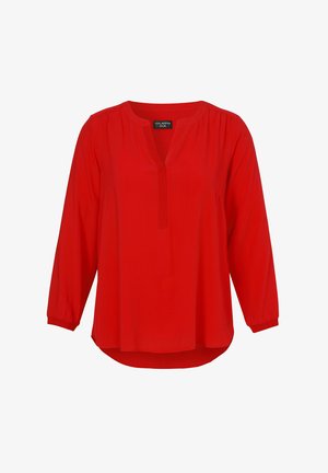 Long-sleeve red blouse with a round neckline and a partial front placket, featuring slight gathers at the shoulders and elastic cuffs.