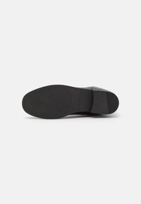 Semelle d'une chaussure habillée en cuir noir avec un talon lisse et des zones légèrement texturées à l'avant-pied et au talon, présentée sur un fond blanc uni.