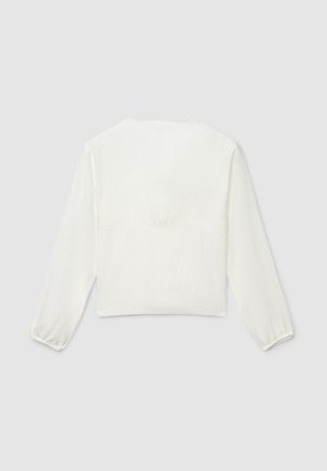 Weiße, kurz geschnittene Bluse mit langen Ärmeln und elastischen Bündchen, aus strukturiertem Stoff mit einem zarten Spitzenbesatz am Ausschnitt.