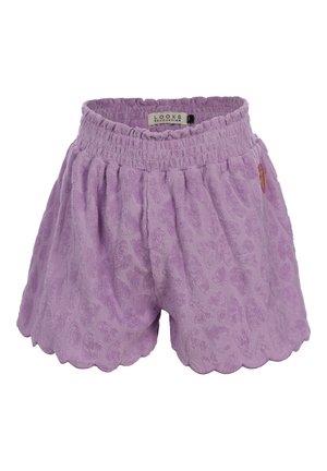 Lavendelkleurige terry stof shorts met elastische tailleband, subtiel reliëfpatroon, gegolfde zoom en klein merklabel aan de zijkant.