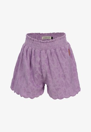 Lavendelkleurige terry stof shorts met elastische tailleband, subtiel reliëfpatroon, gegolfde zoom en klein merklabel aan de zijkant.