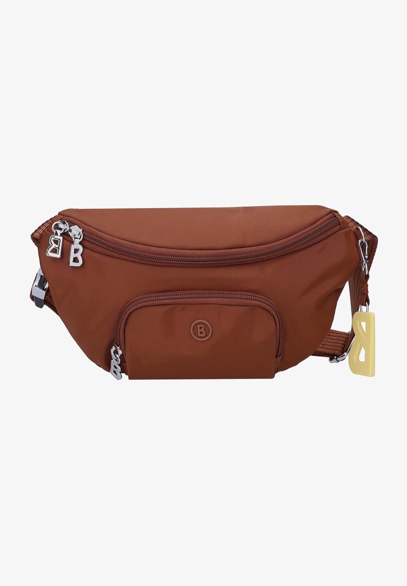 Banane marron avec deux compartiments zippés, tirettes argentées en forme de B et porte-clés B jaune sur la sangle droite.