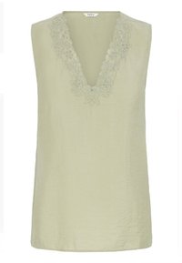 Top senza maniche verde chiaro con scollatura a V, decorato con intricate ricami floreali attorno alla scollatura e un tessuto liscio e testurizzato.