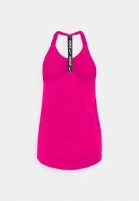 Débardeur de sport Nike rose vif avec un design dos nageur et une bretelle noire portant le logo Nike au centre du dos.