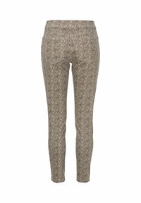 Pantalons ajustés et texturés en motif pied-de-poule marron et beige. Comprend deux poches arrière et un design ajusté.