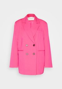 Rosa dubbelknäppt kavaj med slagkrage, som har två framfickor och knäppningar, gjord av ett slätt, strukturerat tyg.