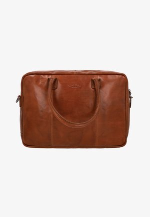 Bruine leren laptoptas met twee handvatten, rechthoekige vorm, gladde textuur en subtiele stikdetails. Voorzien van een logo dat op de voorkant is geperst.