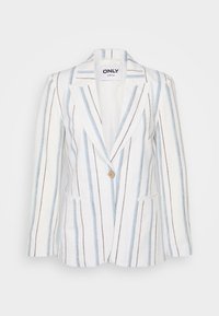 Striped blazer in white with blue and brown vertical lines. Features a single button closure and two front pockets. Tailored design, not lined.