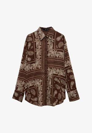 Brązowa, długozasłonowa koszula z wzorem paisley w kolorze kremowym, z zapięciem na guziki, kołnierzem i luźnym krojem. Miękki materiał.