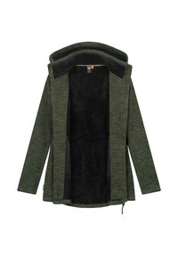 Olive roheline fliisjakk musta sherpa voodriga, täispikk tõmblukk ees ja kapuuts. Omab pikki varrukaid ja pehmet tekstuuri.